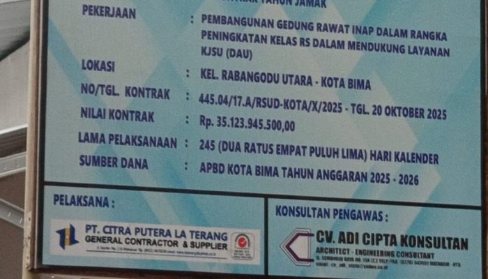 Lewati Batas Kontrak, Proyek Rawat Inap RSUD Kota Bima Rp35,1 Miliar Belum Rampung